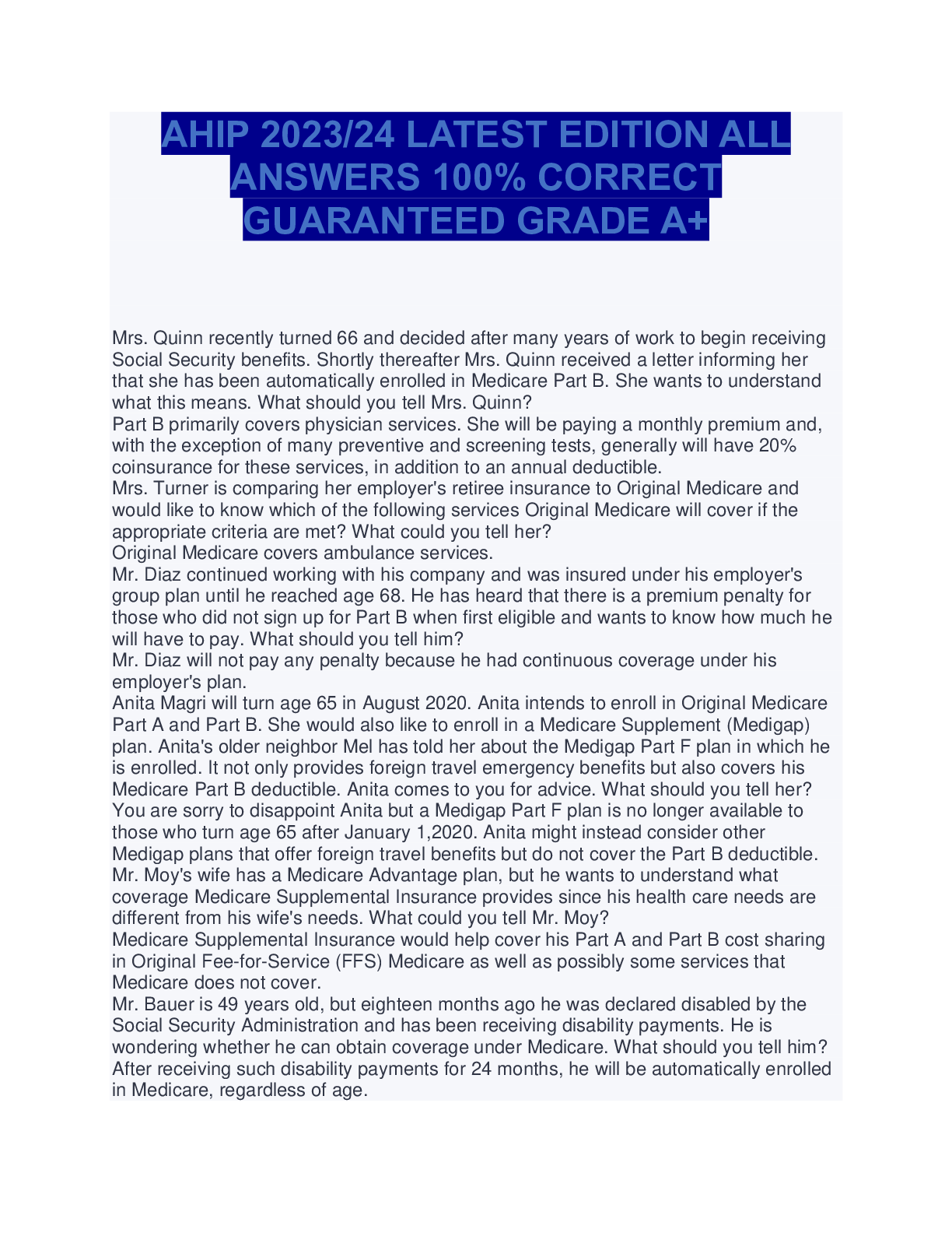 Preview image for AHIP 2023/24 LATEST EDITION ALL ANSWERS 100% CORRECT GUARANTEED GRADE A+